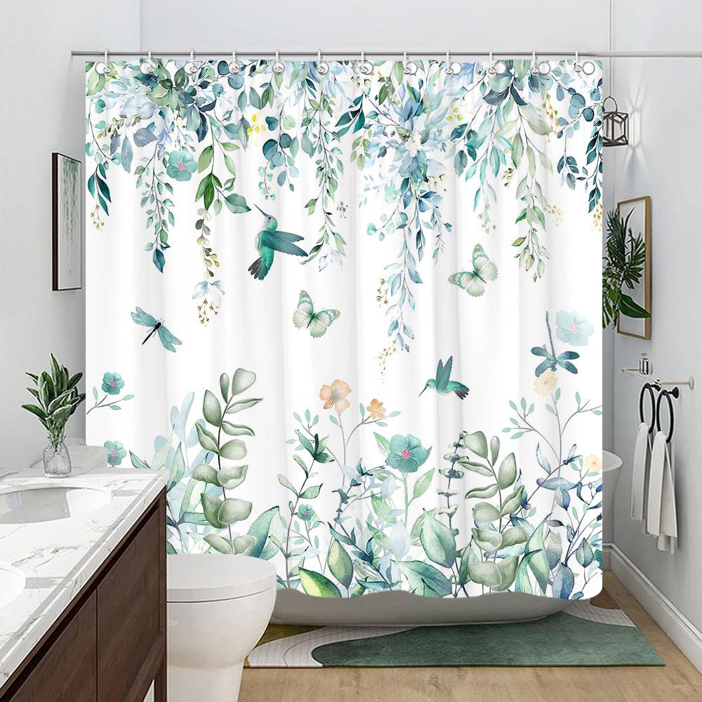 Sage Green Eucalyptus Leaves Shower Curtain Floral Flower Bird Shower Curtains Hummingbird Butterfly Modern Aesthetic Bath Decor