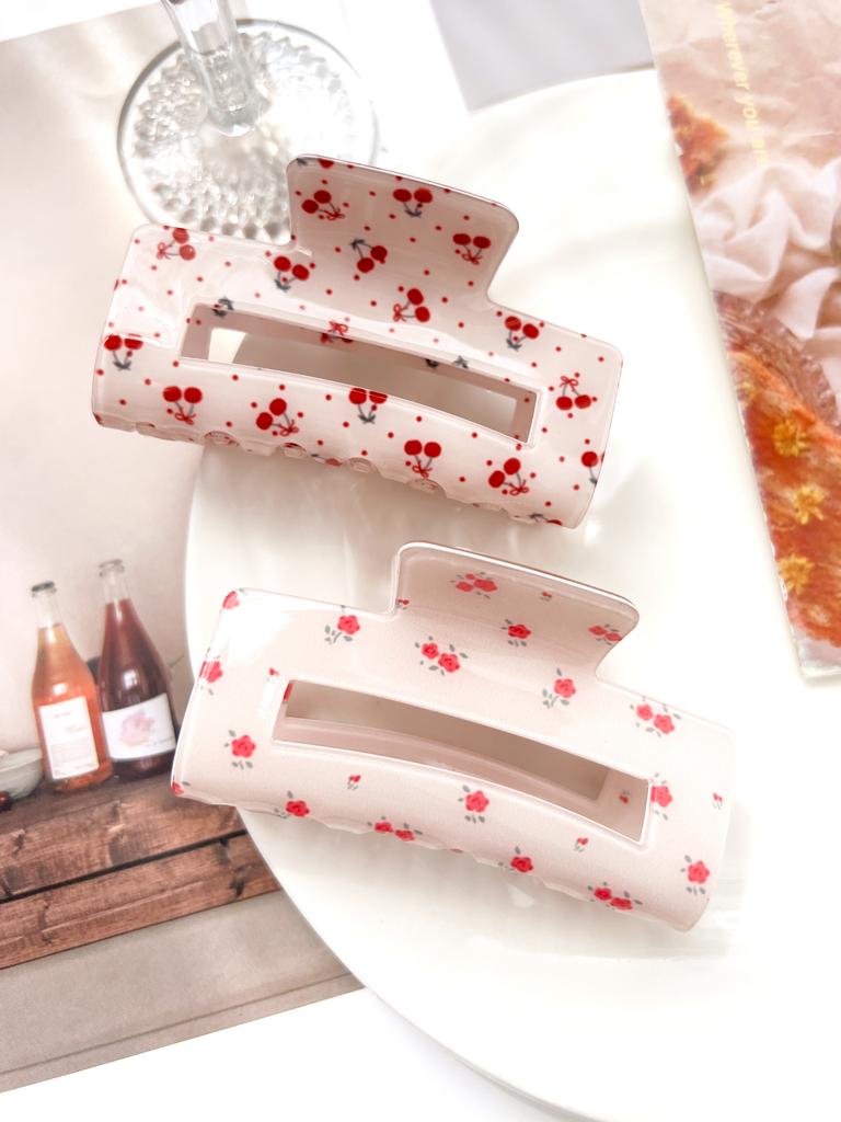 Rosa Söt Elegant Blommig Körsbär Hårklämma Set, Akryl Tryck Rosett Tusensköna Hårnålar för Kvinnor Sommar Blommig Håraccessoar