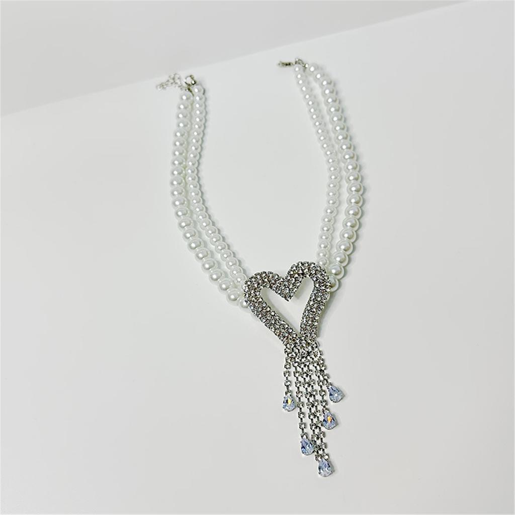 Fashion Light Luxury High Tooxika Sense Of Double Pearl Flash Diamond Love Tassel Necklace Necklace Collar Chain Collarbone Chain