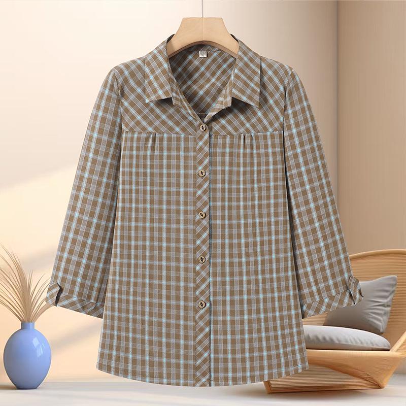2026 Stylish Plaid Print Top for Middle-Aged & Elderly Women - Mom's Summer Fashion Shirt