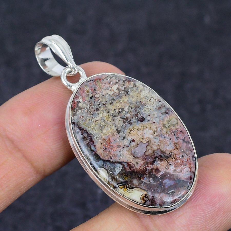 Laguna Lace Agate Gemstone Handmade 925 Sterling Silver Pendant 1.89" P5F07