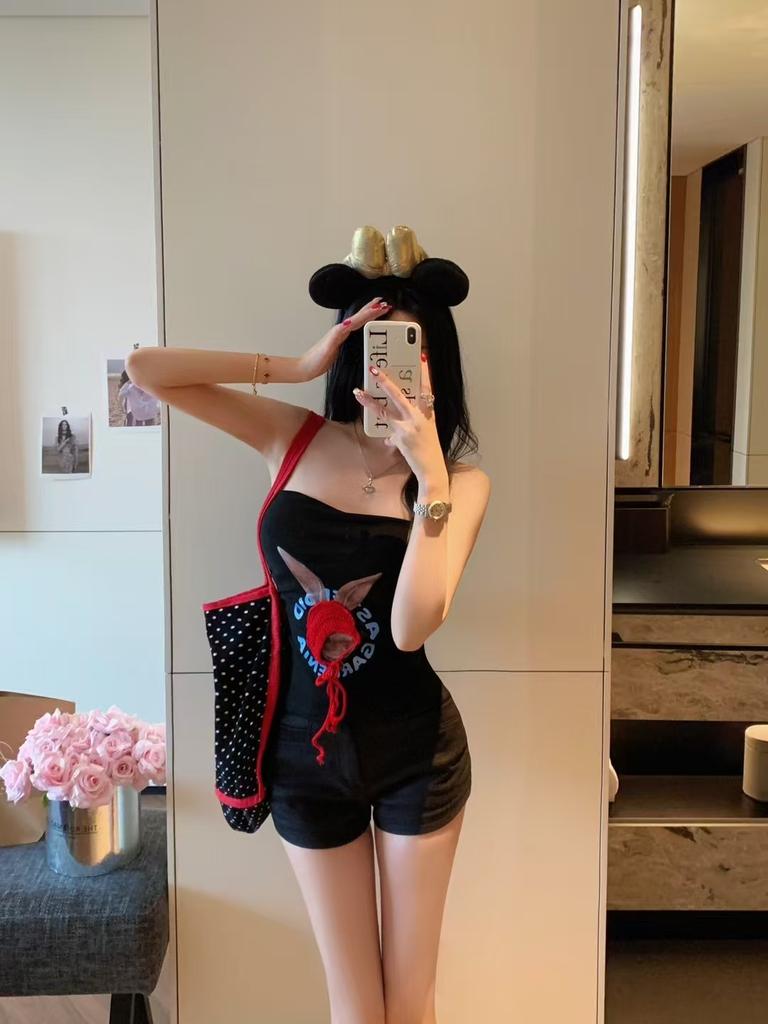 Sleeveless Bandeau Top for Women with Built - In Bra Featuring Little Red Riding Hood Rabbit and Letter Prints. Slim - Fitting Spicy Girl Inner