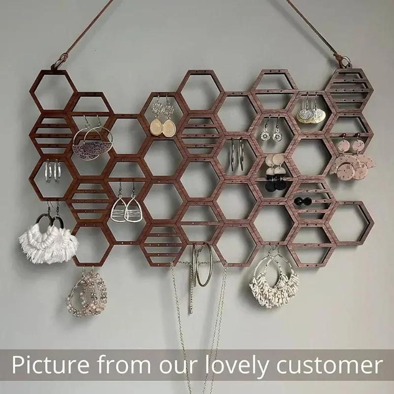 Rustic Hanging Earring Holder,Honeycomb Earring Organizer Wall Mount Earring Display Wood Hanging Jewelry Organizer For Earrings