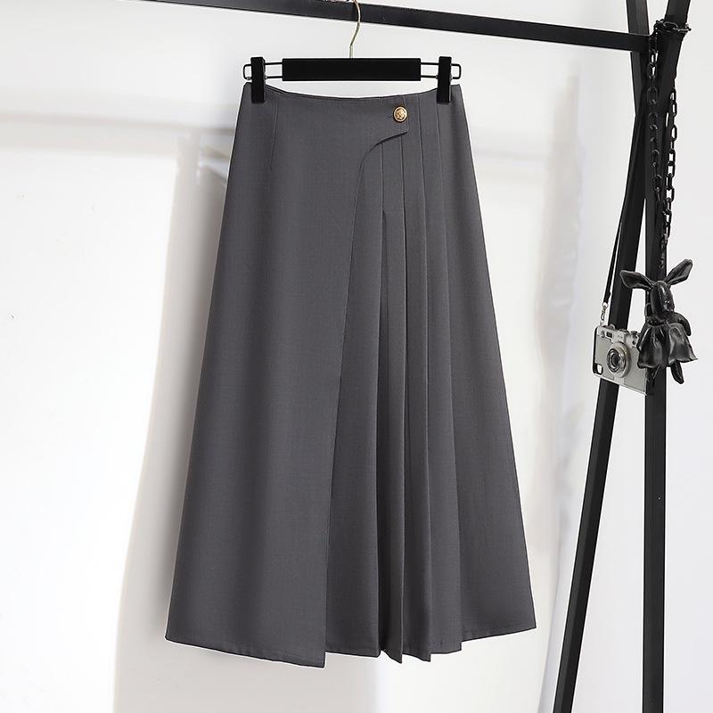 French Gray Irregular A-Line Pleated Midi Skirt - High Waist, Summer 2025