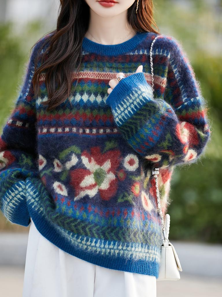 Autumn And Winter New Pulled Multi-Color Jacquard Crew-Neck Knitted Sweater Korean Lazy Style Loose Bottoming Top And Shirt
