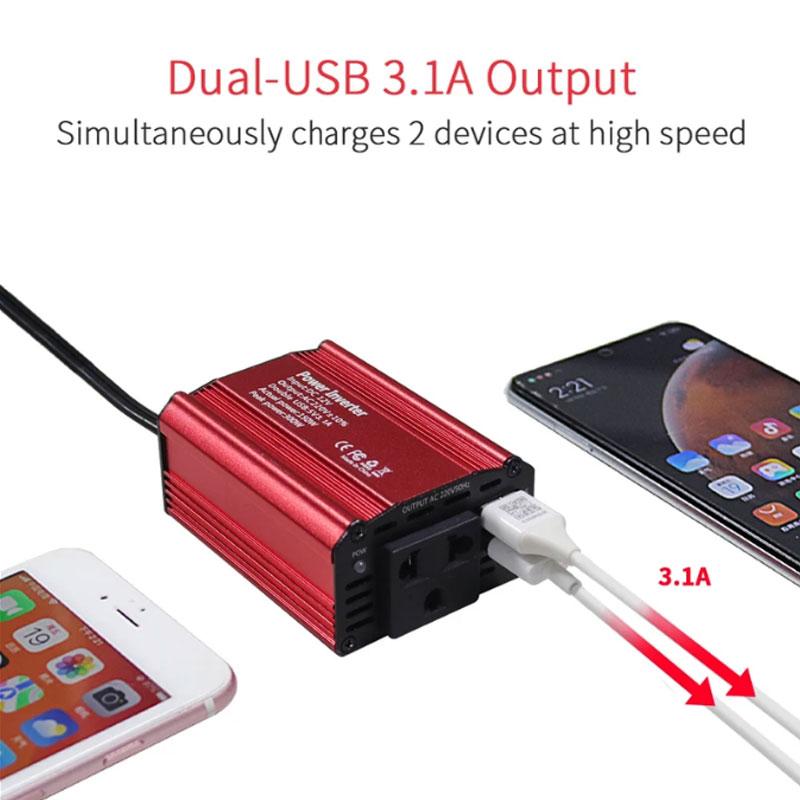 محول طاقة للسيارة 12 فولت إلى 220 فولت، مزدوج USB، شحن سريع، محول محمول، عاكس سيارة، موجة جيبية معدلة، مقبس الاتحاد الأوروبي، محول سيارة