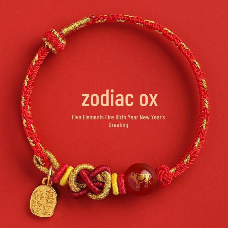 2026 Year of the Horse Agate Zodiac Bracelet: Fire Woven Rope with Five Elements - Rat, Ox, Tiger, Rabbit