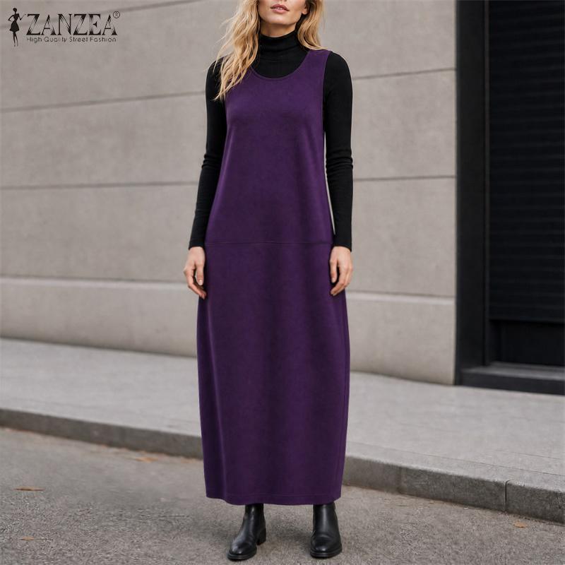 ZANZEA Casual Dames Ronde Hals Mouwloze Losse Lange Jurk met Zakken