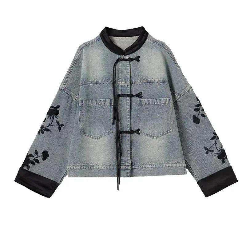 Veste en jean pour femme Printemps Automne Brodé Style Chinois Mode Polyvalente Vêtements en jean Haut de gamme pour femme
