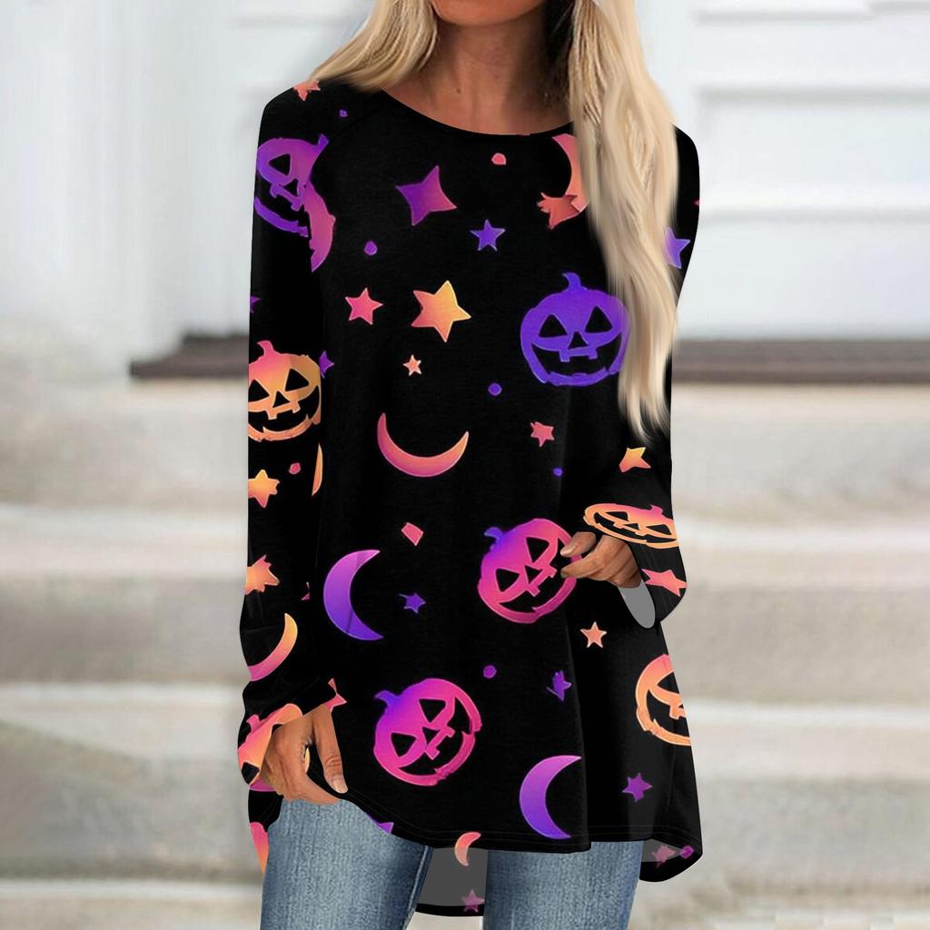 Women's Long Sleeve Round Neck Halloween Print Tunic T-Shirt for Casual Fall Fashion