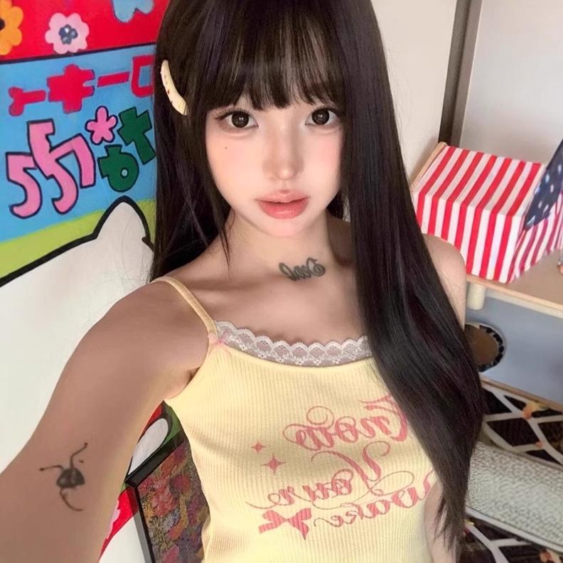 

Трендовая майка-камезоль с кружевной отделкой, облегающего кроя, для женщин - Сексуальный топ без рукавов в американском стиле для лета горячей девушки XL (Premium) жёлтый