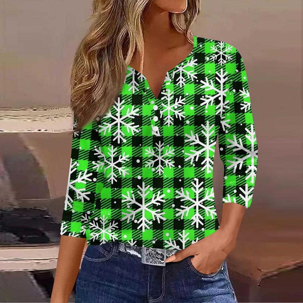 Women's Casual Fashion V-neck Loose Versatile Christmas Print Three-quarter Sleeve Top