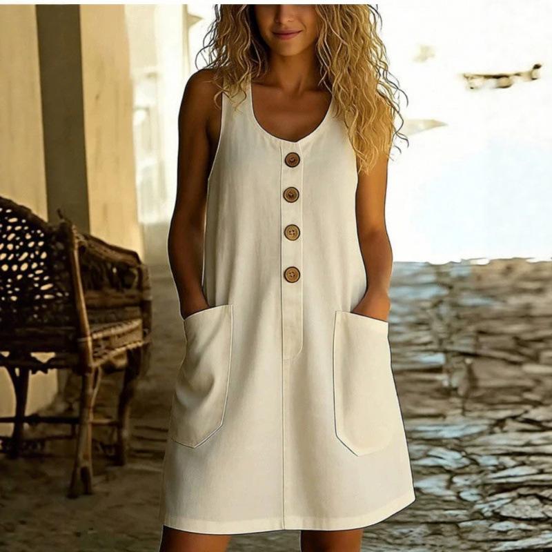 Women Sleeveless U-Neck Tank Dress Button Front Pocket Casual Loose Mini Dress