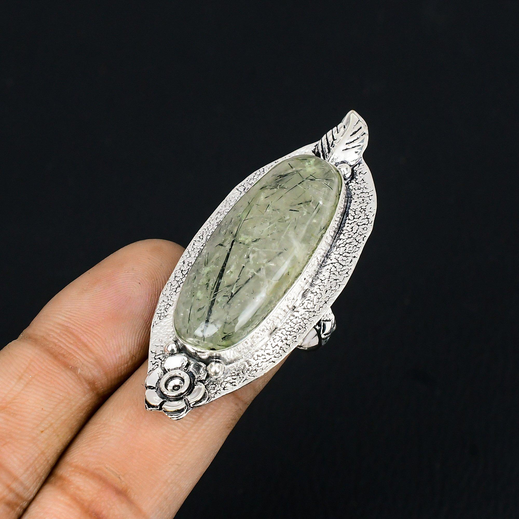 Oval Natural Moss Prehnite Promise Flower Multi Stone Ring Sterling Silver US 6 6