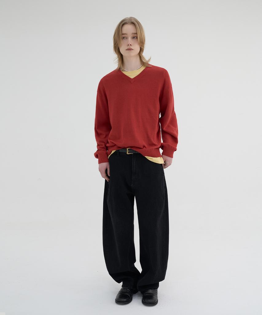 KNOUUN Crop V Neck Knit (Red)