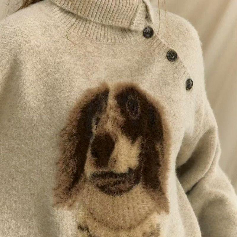 Lady Cute Dog Solid Color Sweater American Irregular Neck Knitted Sweaters Autumn Loose Versatile Woman Pullover Top