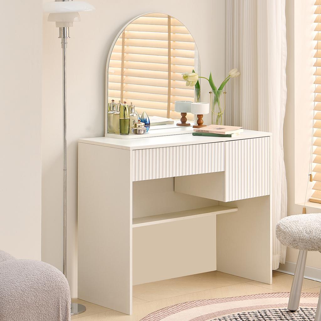 Schminktisch mit Spiegel - Moderner Schminktisch mit Schubladen und offenen Fächern, Weiß, H135/B90/T40cm