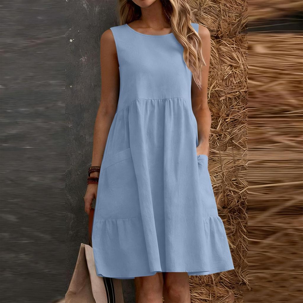 Women's Sleeveless Casual Sundress Cotton Linen A Line Dress with Pockets Summer Relaxed Fit Crew Neck Dress