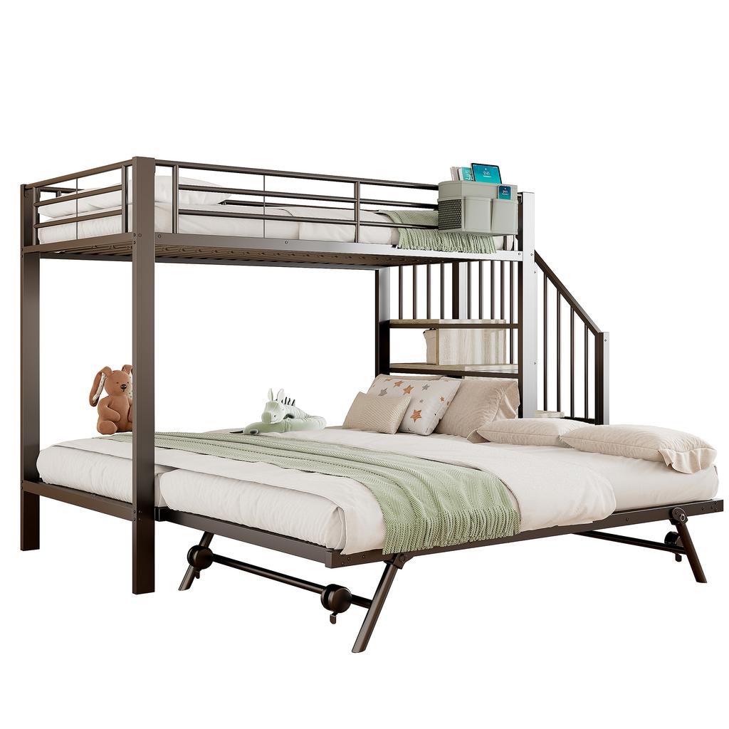 Etagenbett, 90 x 200 cm, 180 x 200 cm, Eisenrahmen, Ausziehbett-Design, Stofftasche, Treppenkonstruktionen mit Stauraum, ohne Matratze, schwarz