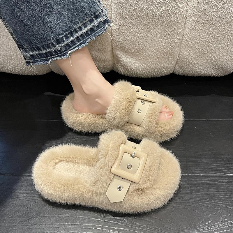 Thick-bottomed fluffy slippers for women to wear outside autumn and winter new versatile fairy wind belt buckle cotton mop