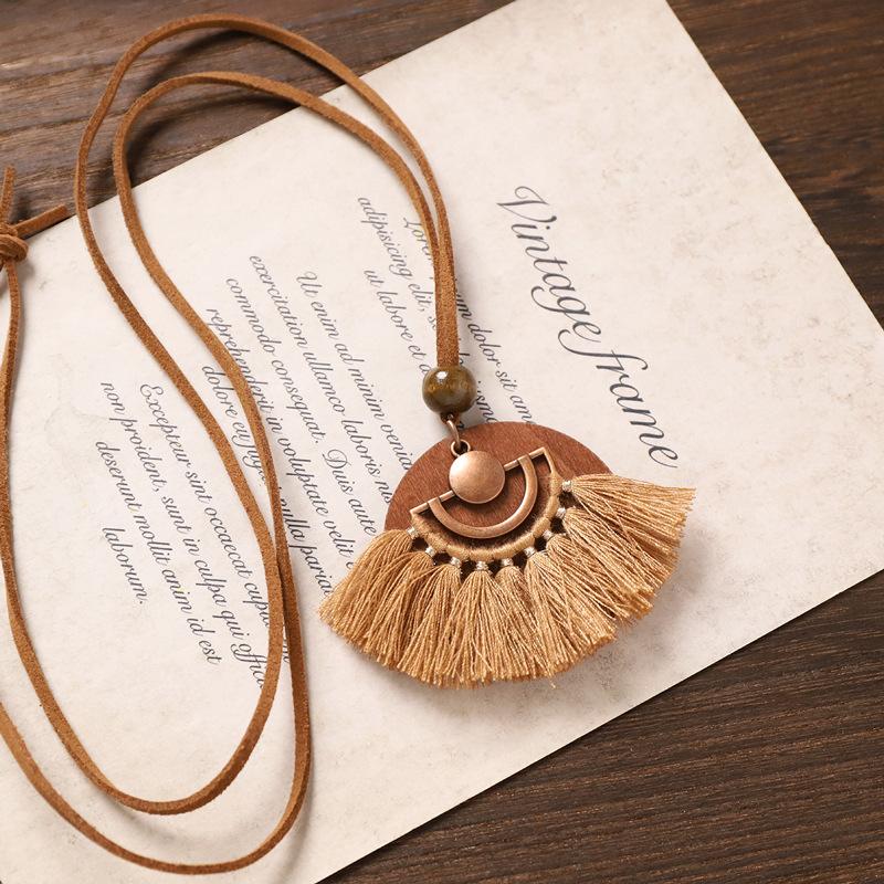 Lady Bohemian Style Long Necklace with Vintage Fringed Sweater Chain