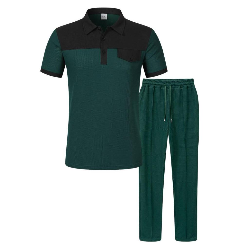 2025 Herren Waffel Colorblock Patchwork Umlegekragen Knopfhemd & Lange Hose Set