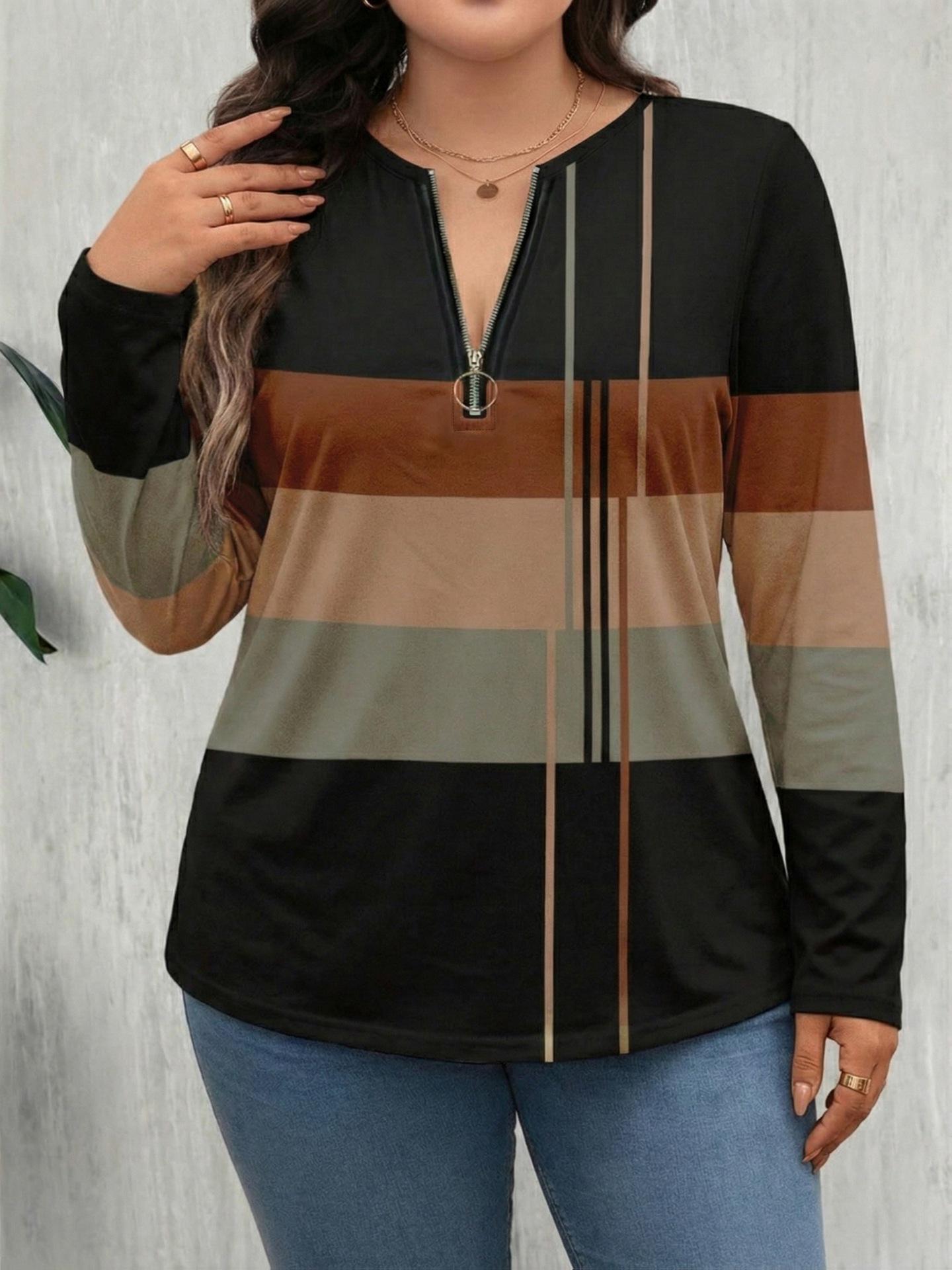 2026 New Autumn/Winter Plus Size Women s Striped Patchwork Zipper Hoodie 5XL