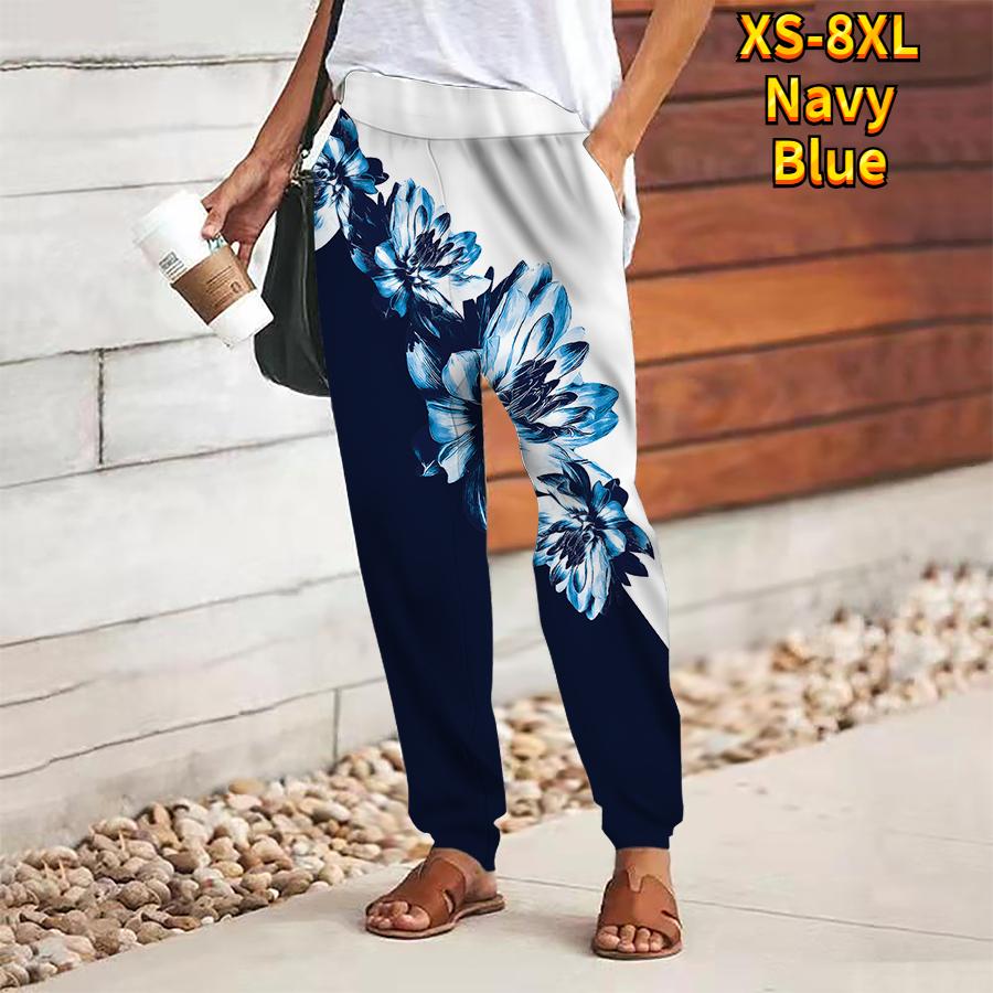Women Flower Printing Pants Lace Up Elastic Waist Loose  Trousers Casual Long Pants Trousers with Pockets