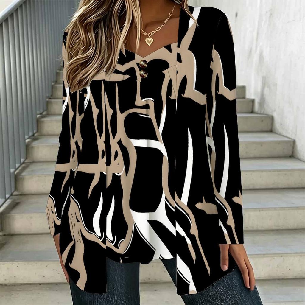 Oversized Ladies Square Neck Long Sleeve T Shirt Double Layer Front Floral Printed Loose Casual Everyday Top