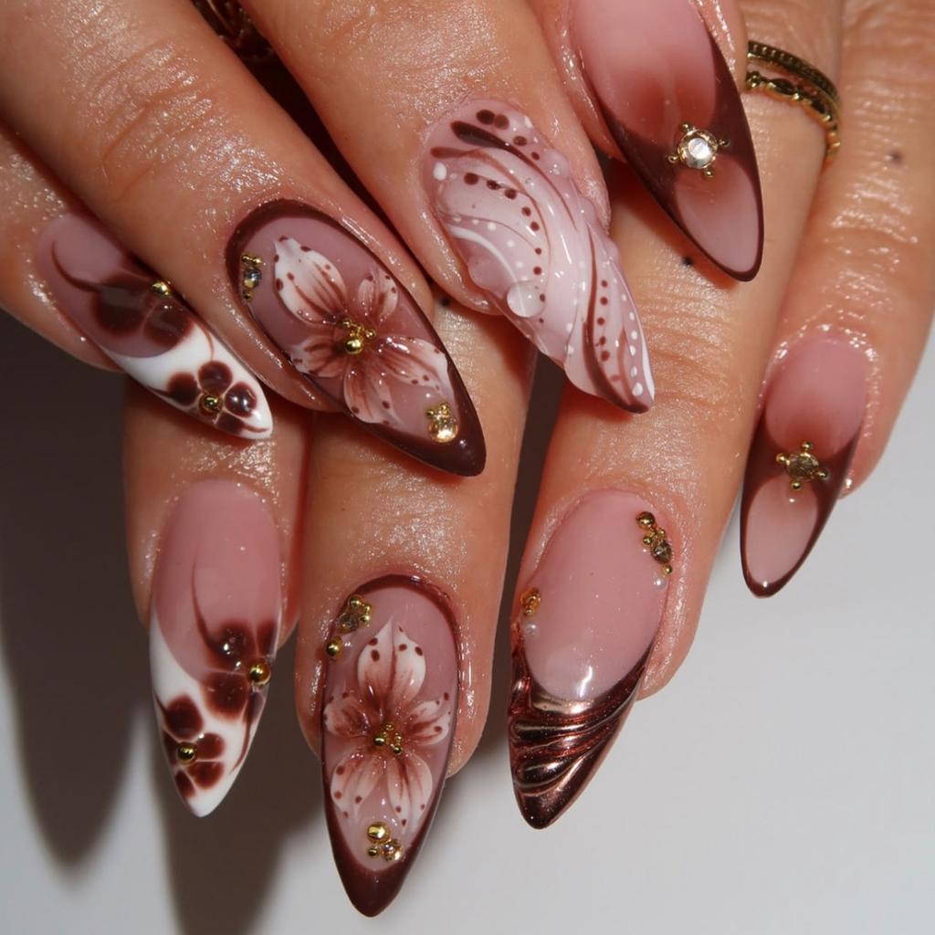 Elegant 3D Sculpted Floral False Nail Brown French Tips Press On Nail Easy Application Long Lasting