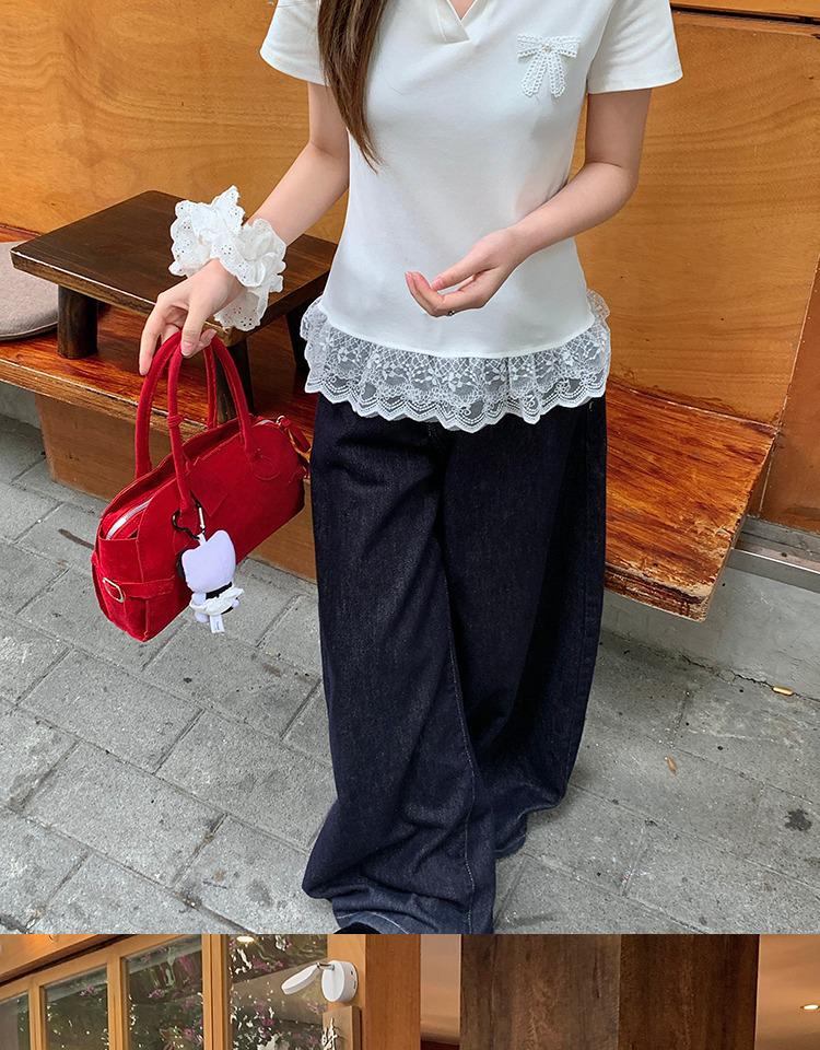 Plus Size Lace Hem Bow Collar Short Sleeve Top for Women - Summer Slimming Polo Style