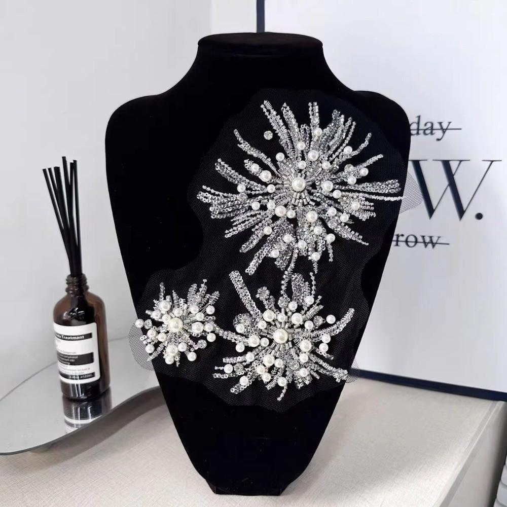 3Pcs New Flower Shape Beaded Applique Patches Sparkling Sew-on Flower Beads Patch Handmade Bridal Gowns Decoration