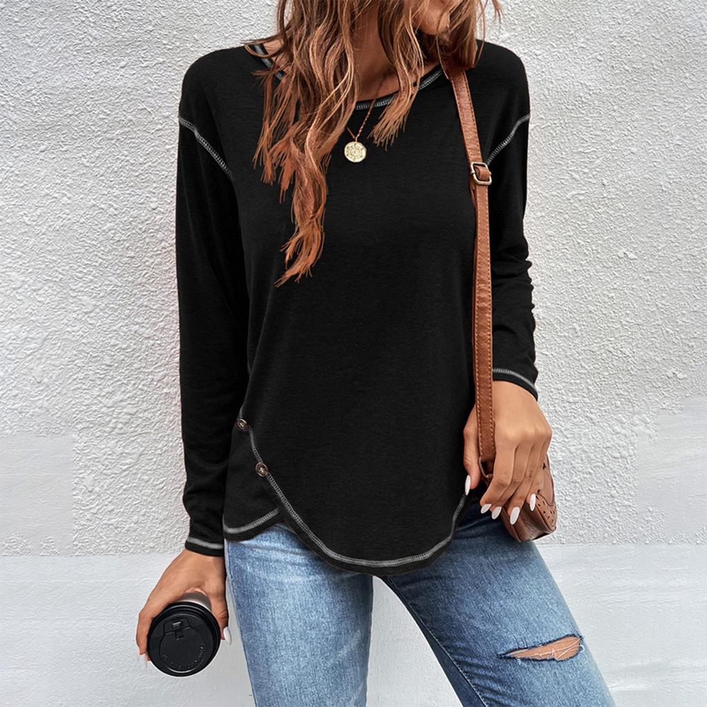 T-shirt Femme Couleur Lâche Boutonnage Bord Irrégulier Manches Longues