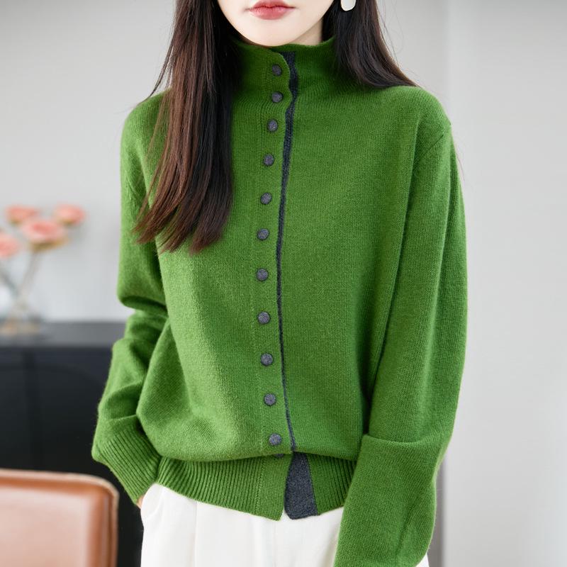 Women's 2025 French High Neck Buttoned Embroidered Woolen Knit Cardigan - Stylish, Warm Sweater Jacket
