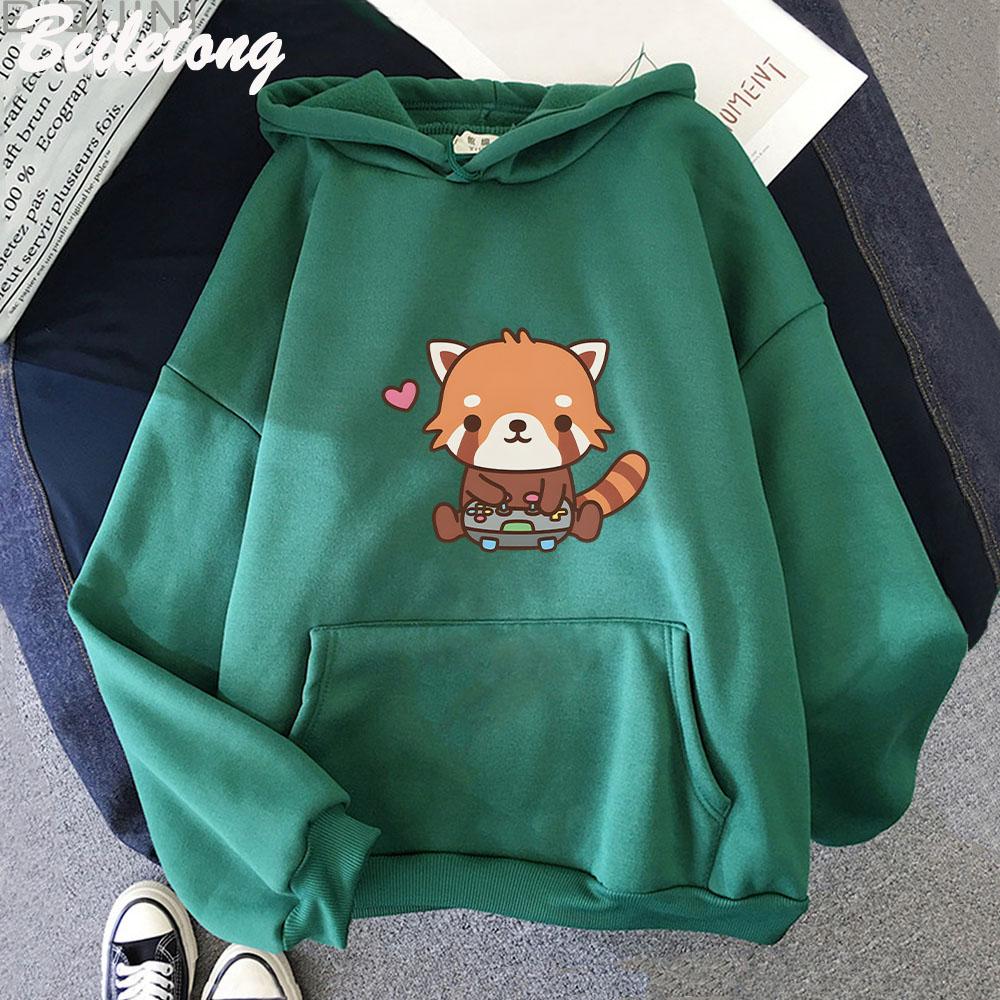Anime Cute Little Red Panda Playing Video Hoodie for Men Women Casaul Loose Sports Hooded Sweatshirts Unisex Y2k Clothes Tops