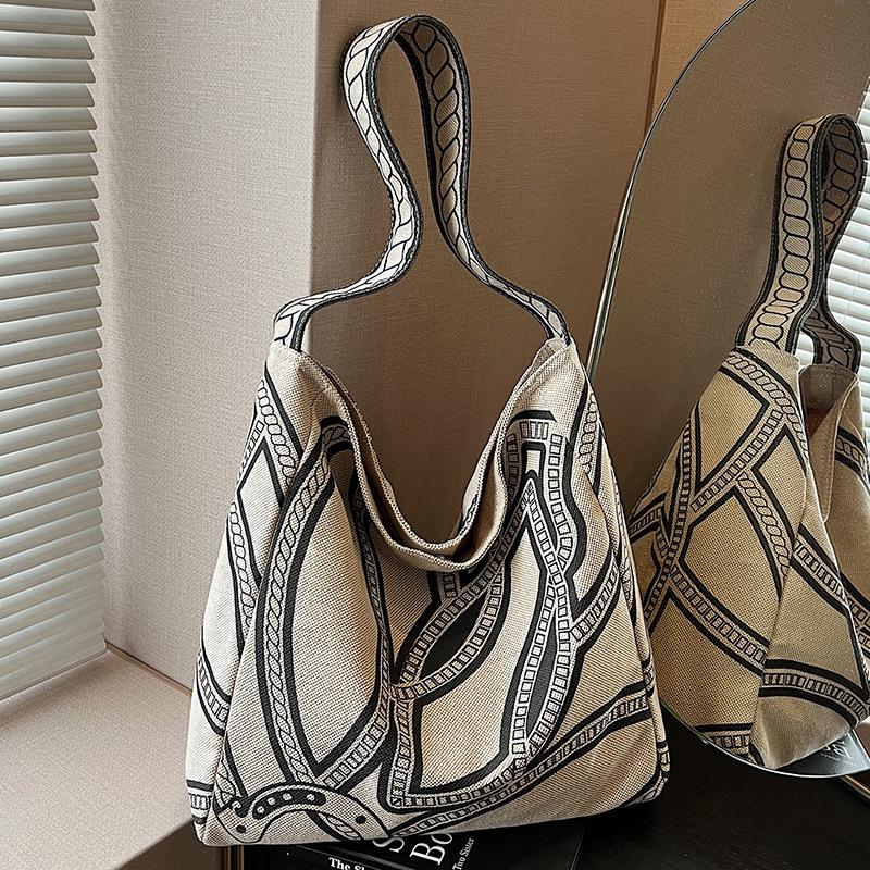 Summer New Printed Canvas Tote Bag Women's Large-capacity Casual Lazy Wind Shoulder Bag Underarm Bucket Bag