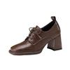Women's 2025 Retro Square Toe Lace-Up Leather High Heels - 6cm British Style