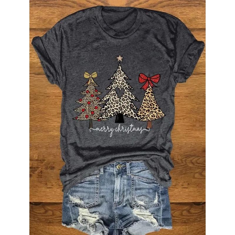 Letní dámská trička s krátkým rukávem, módní, ležérní, s 3D potiskem vánočního stromku a kulatým výstřihem