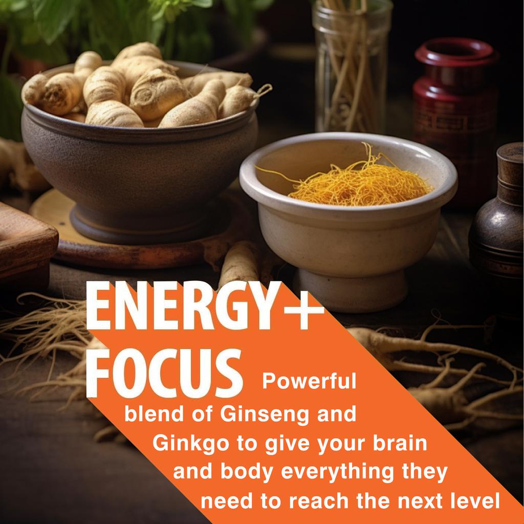 Vegetarian Ginseng Root Extract Capsules, Ginkgo Biloba 60mg, for Boosting Energy and Concentration, Suitable for Both Men and Women.