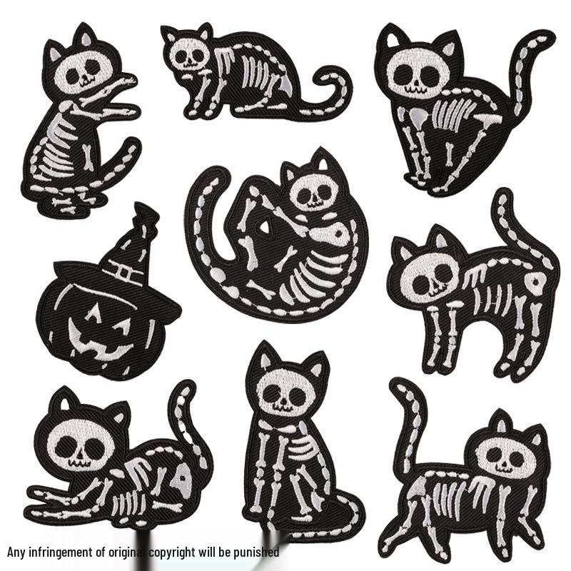 Patch Brodé Chat Squelette d'Halloween - Accessoire Vêtement DIY