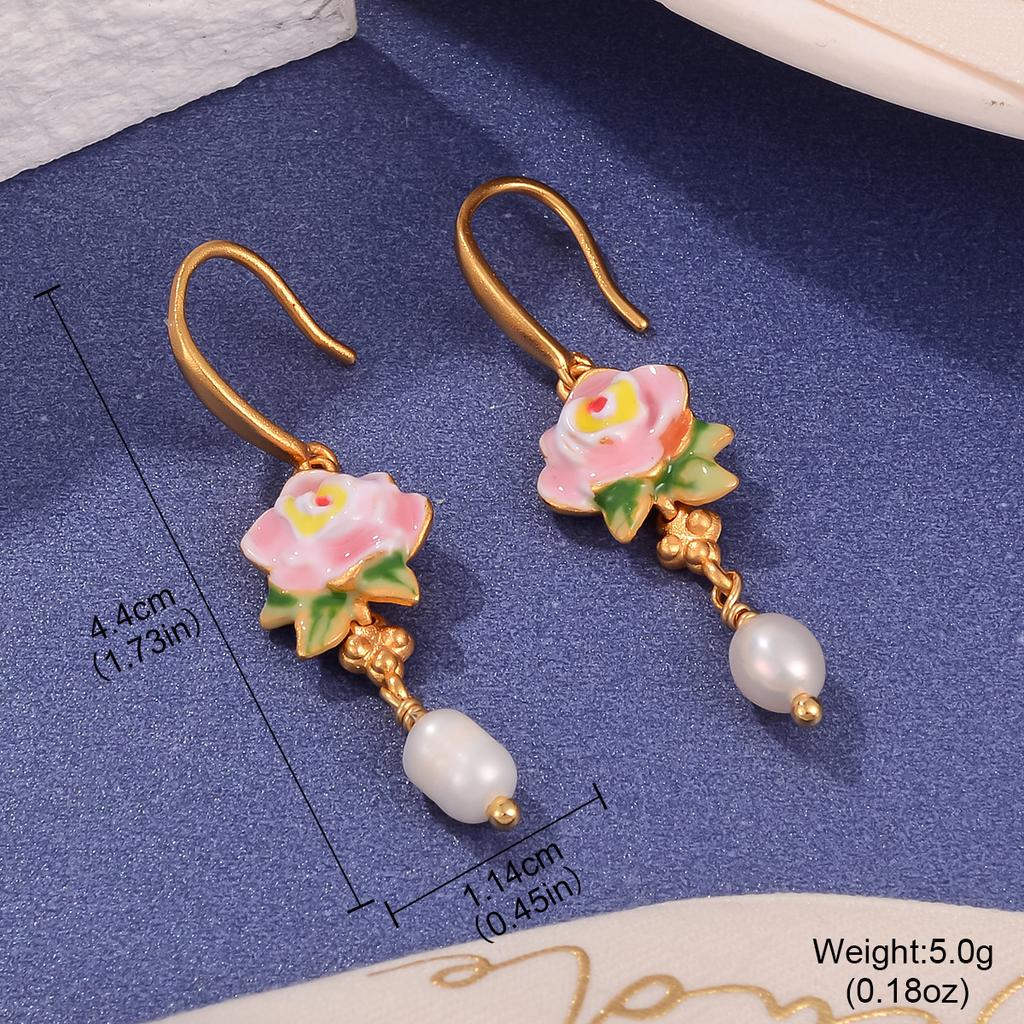 Fresh new Chinese flower stud oil painting style high-end enamel pearl earrings vintage national style tassel earrings women