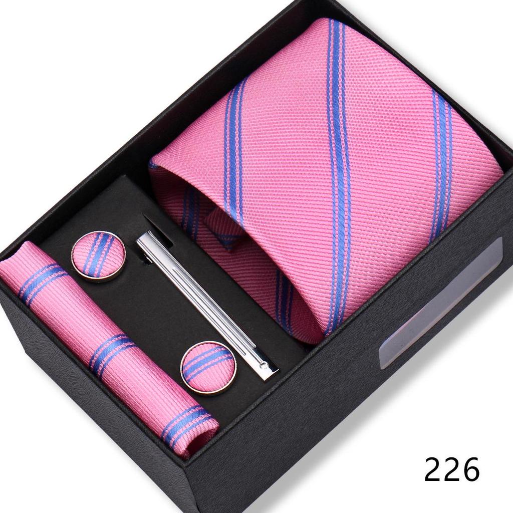 Men's Black & Wine Red Striped Plaid Tie Set with Pocket Square - Formal Wedding Gift Box