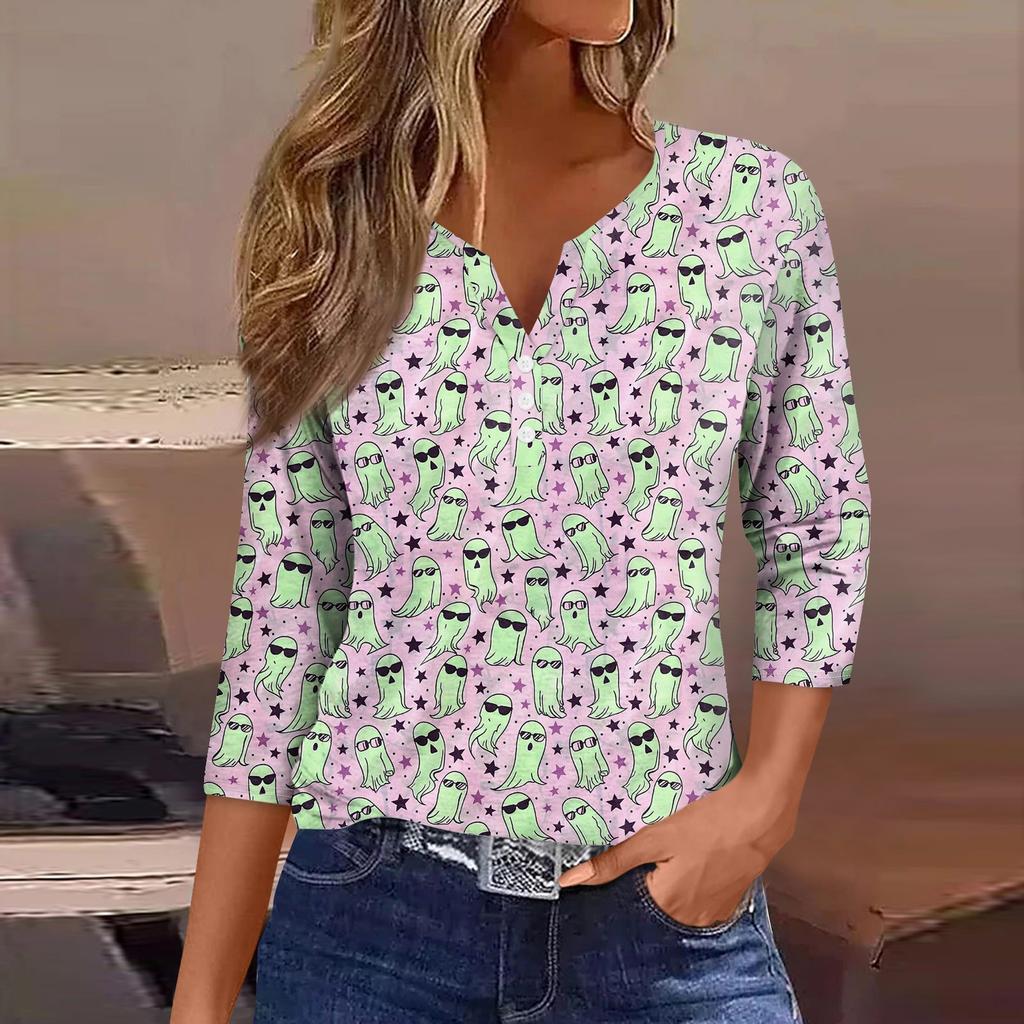 Women's Fashion Casual Halloween Printed V.Neck Short Sleeve Decorative Button Three.quarter Sleeve T-shirt Tor