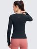 CRZ YOGA Long Sleeve Yoga Top with Seamless Ribbed and for and Dark Size L Women's Fabric, Quick-Drying Breathable, Fitness, Running, Training, Navy,