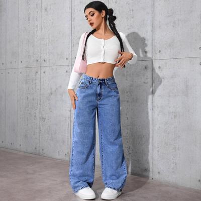 Wide Leg Women's Jeans - Washed, Loose, Slimming, Floor-Length for Spring & Autumn