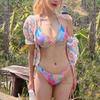 Pink & Blue Sexy Three-Piece Bikini with Tie-Up Halter and Knit Cover-Up