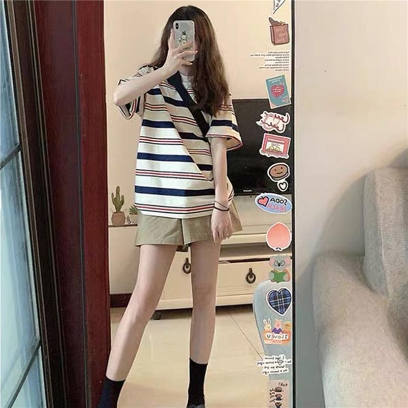 

Women s Slim-Fit Striped Summer T-Shirt - Loose, Short Sleeve, Korean Style XXS