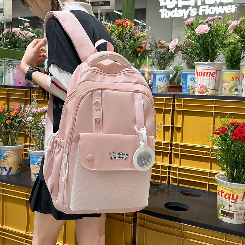 Solid Color Simple Letter Print Student Backpack With Pendant For Daily Use
