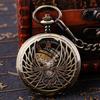 Luxury Vintage Intricate Wings Skeleton Mechanical Pocket Watch Elegant Pendant Clock Roman Numeral Dial Bronze Chain Timepiece