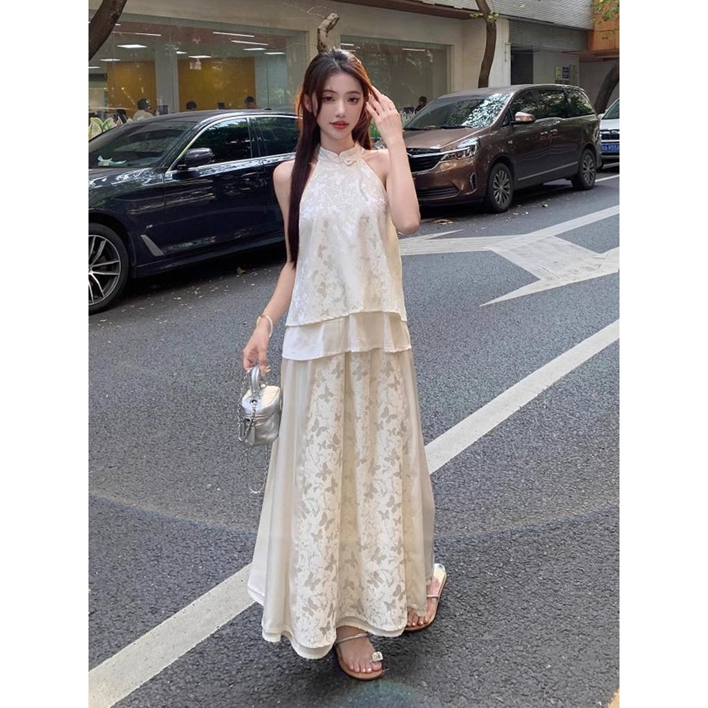 New Chinese Style Cheongsam, Cold Sense Zen Wear, a Complete Set of Neck-hanging Tops, Half-length Skirts, and Suits for Women's Summer
